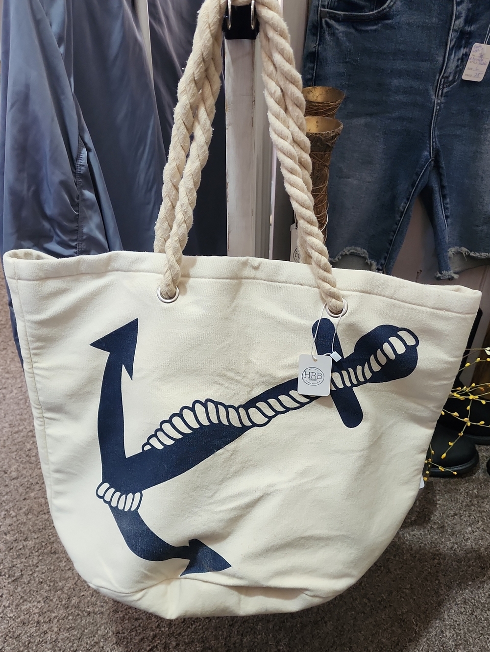 Canvas Anchor Tote Bag in Cream with Navy Print
